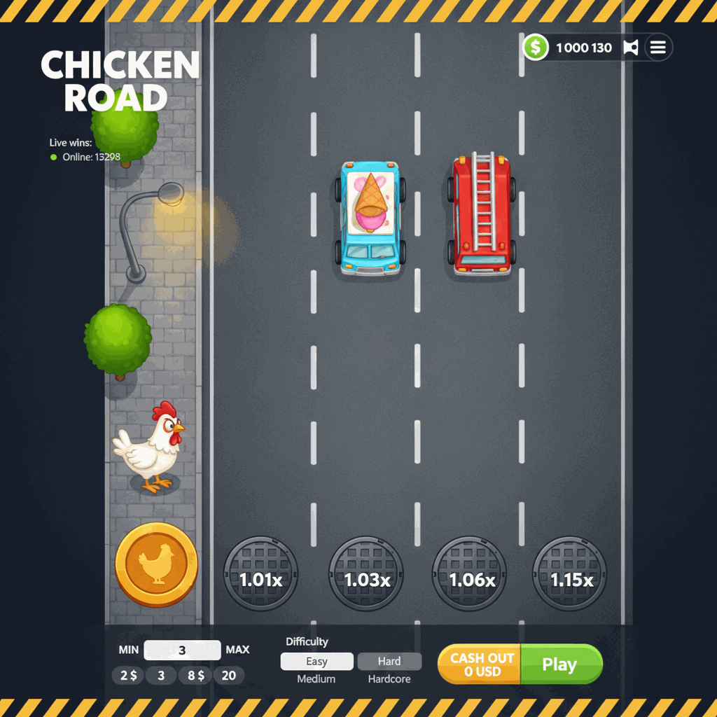 Chicken Road gioco crash: una gallina cartoon vista dall'alto attraversa una strada asfaltata a corsie multiple con linee tratteggiate bianche, circondata da alberi verdi su un marciapiede urbano grigio, mentre le auto arancioni e gialle circolano sulle corsie, e i cerchi dei tombini mostrano i moltiplicatori crescenti per ogni corsia superata con successo